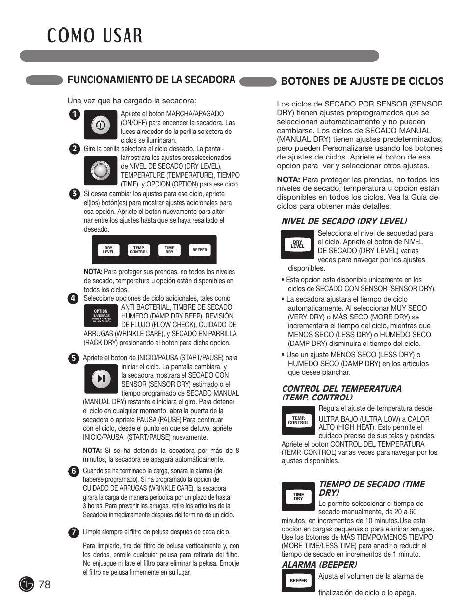 Botones de ajuste de ciclos, Funcionamiento de la secadora | LG DX0002TM User Manual | Page 78 / 144