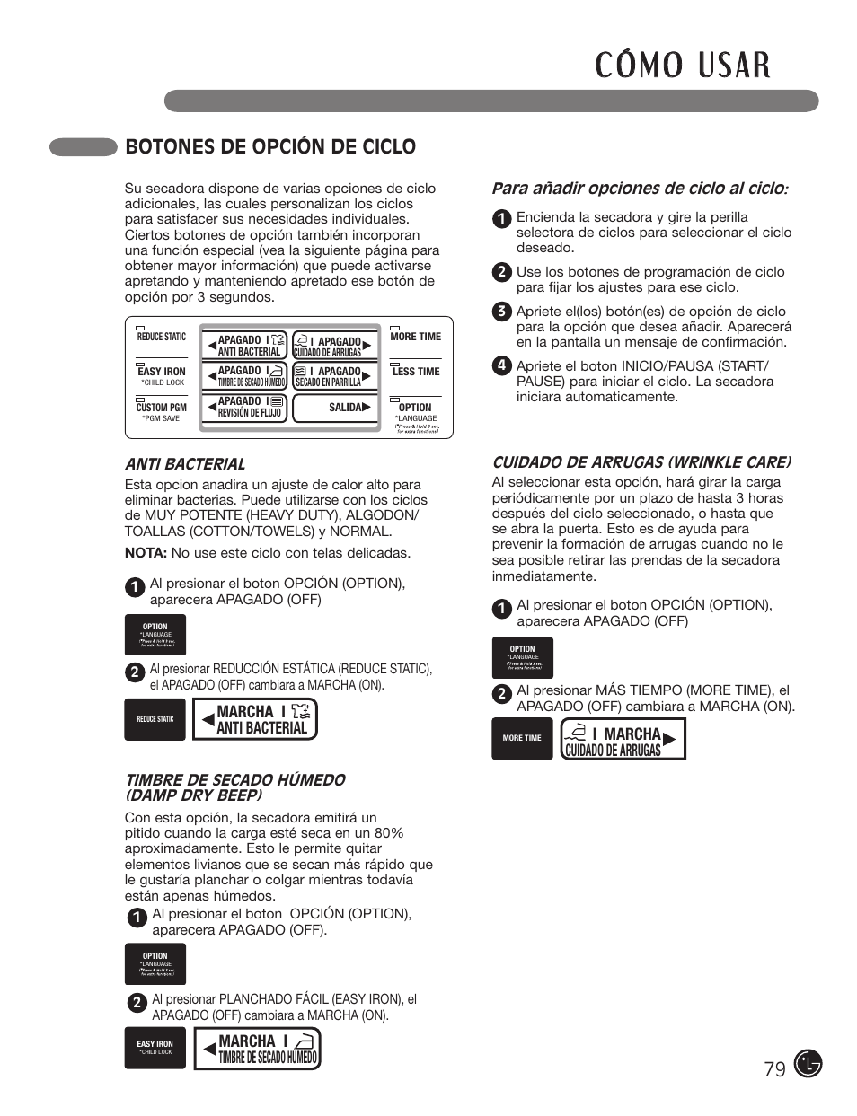 Botones de opción de ciclo, Itimbre de secado húmedo | LG DX0002TM User Manual | Page 79 / 144