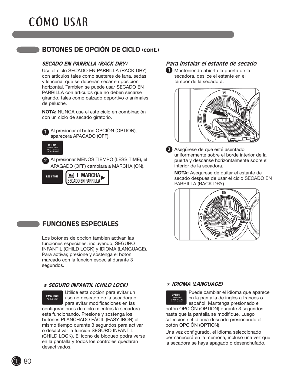 Funciones especiales, Botones de opción de ciclo | LG DX0002TM User Manual | Page 80 / 144