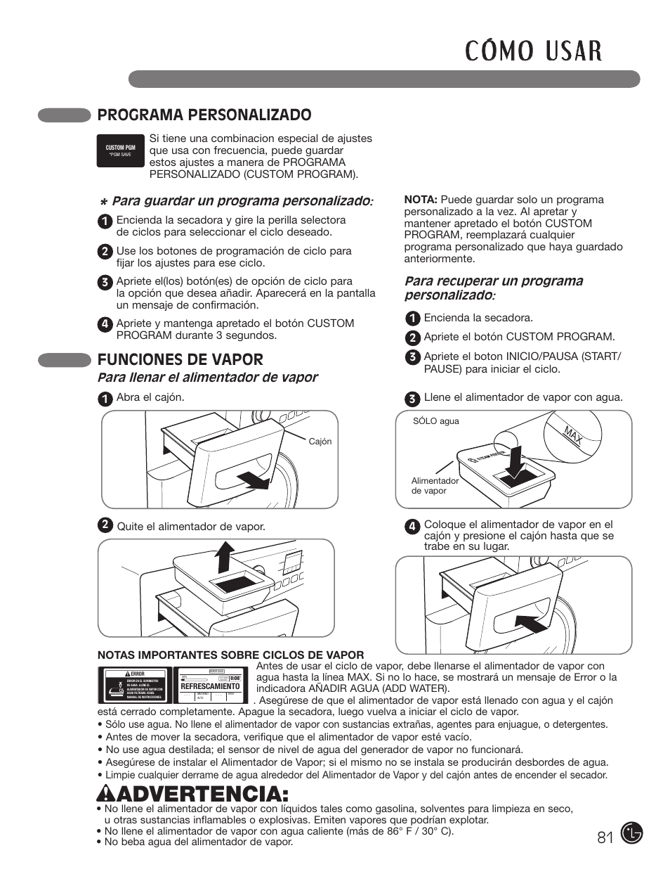 Wadvertencia, Programa personalizado, Funciones de vapor | LG DX0002TM User Manual | Page 81 / 144