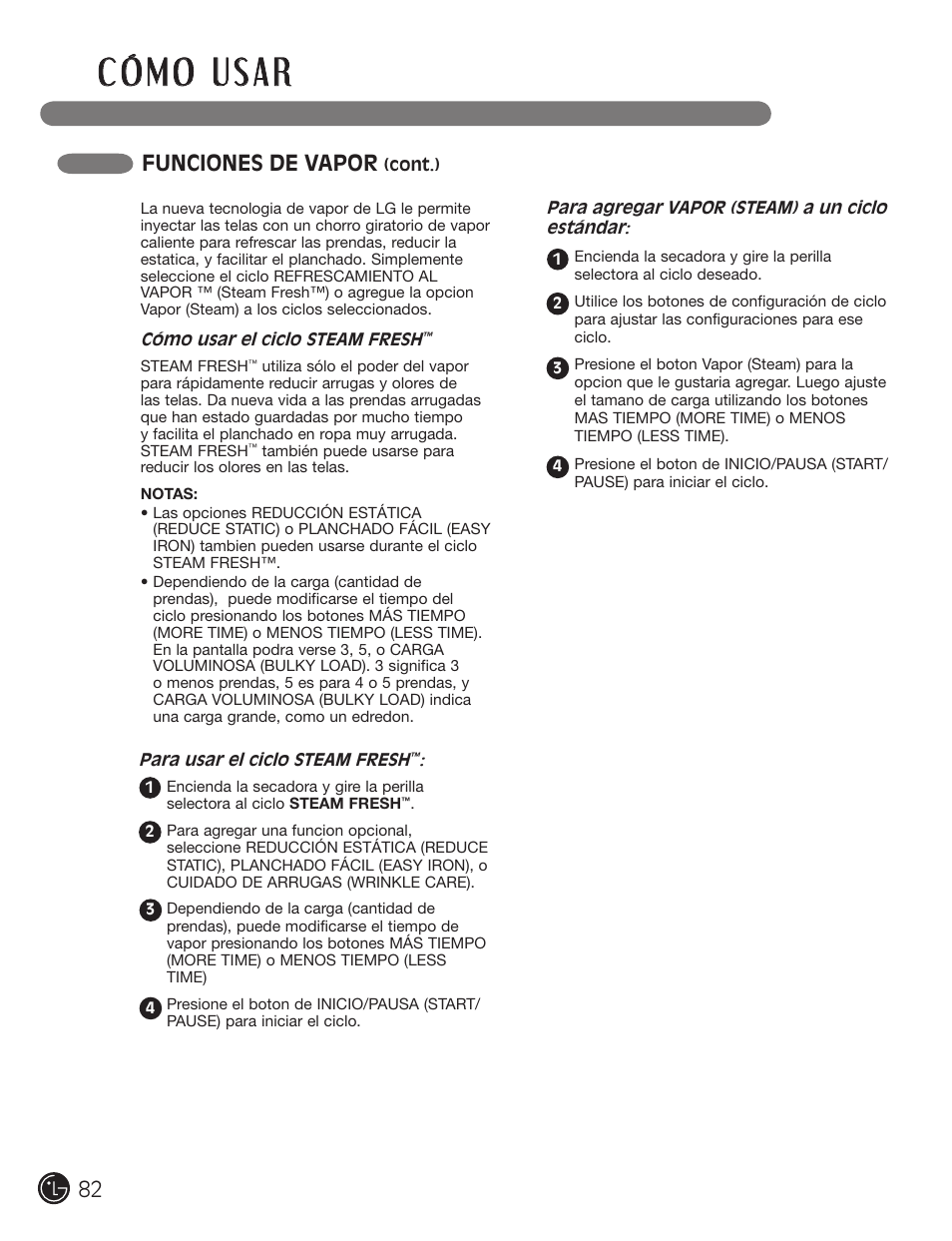 Funciones de vapor | LG DX0002TM User Manual | Page 82 / 144