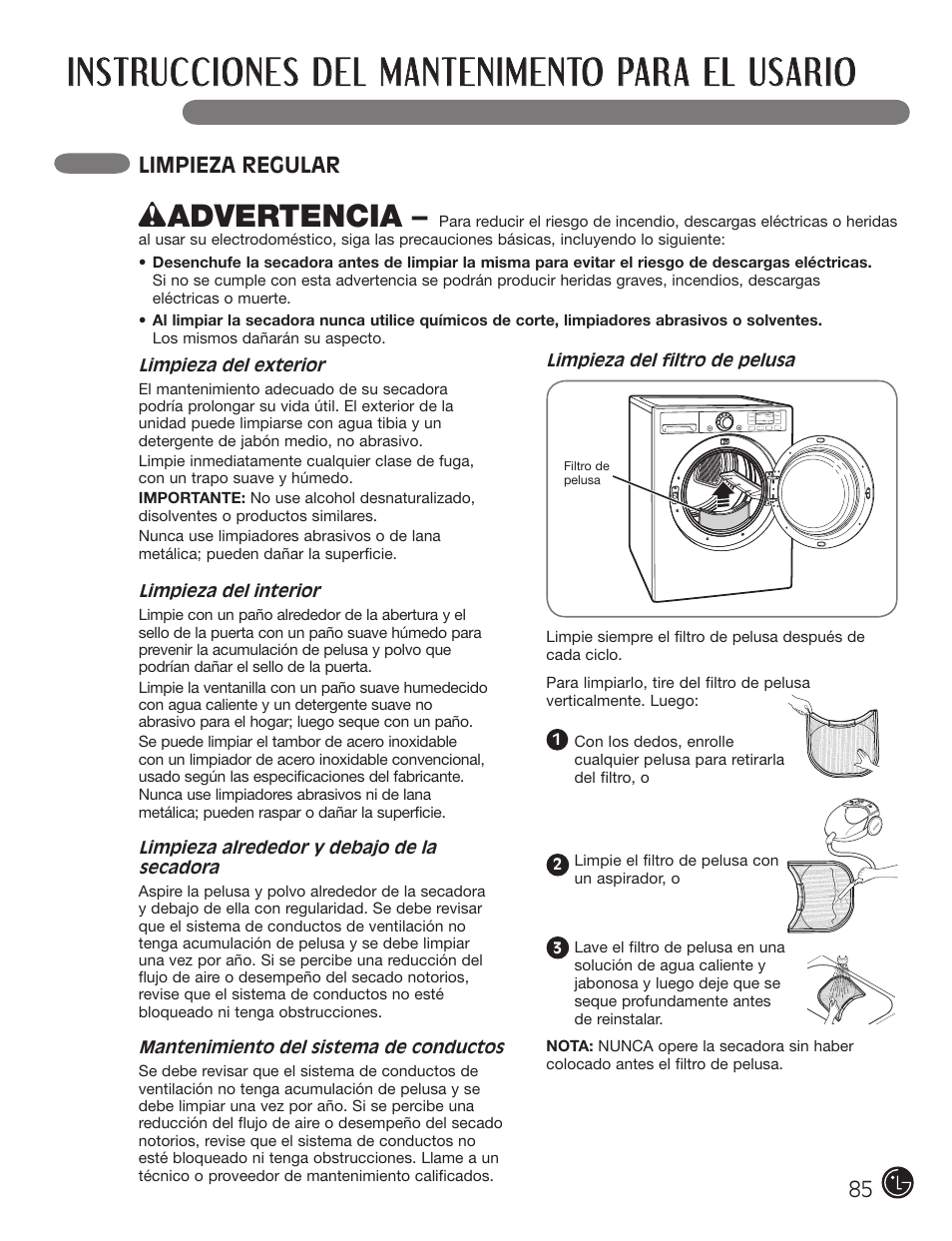 Instrucciones del mantenimento para el usario, Wadvertencia | LG DX0002TM User Manual | Page 85 / 144