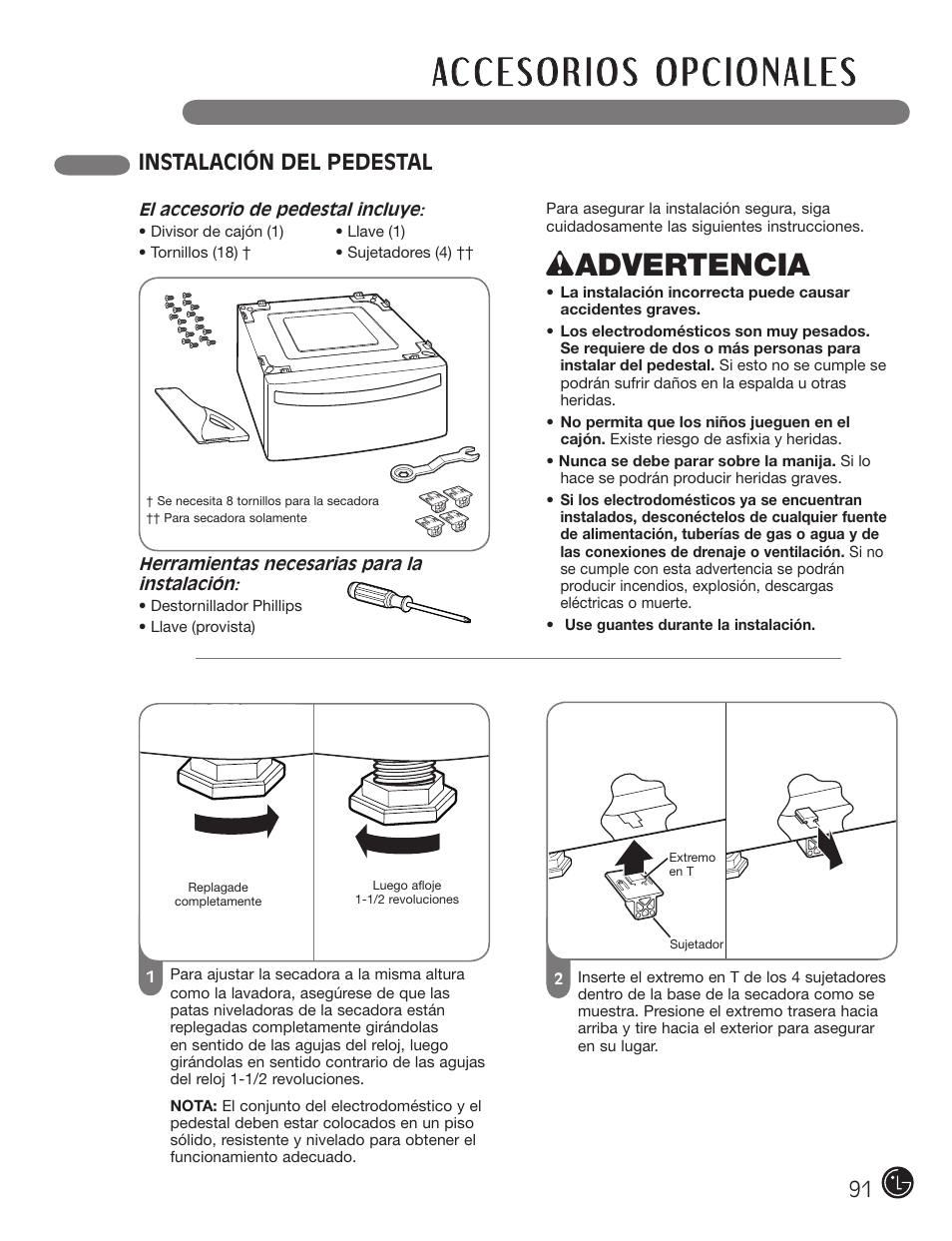 Wadvertencia, Instalación del pedestal | LG DX0002TM User Manual | Page 91 / 144