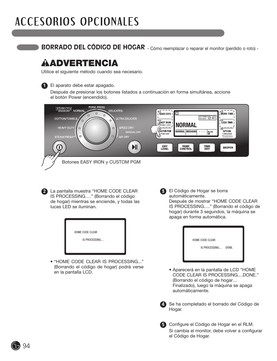 W advertencia, Borrado del código de hogar, Normal | LG DX0002TM User Manual | Page 94 / 144