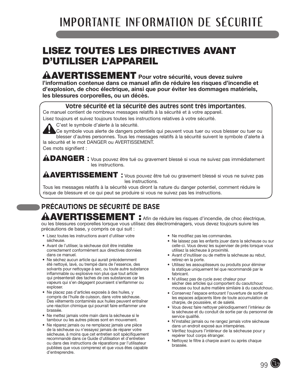 Wavertissement, Wdanger | LG DX0002TM User Manual | Page 99 / 144