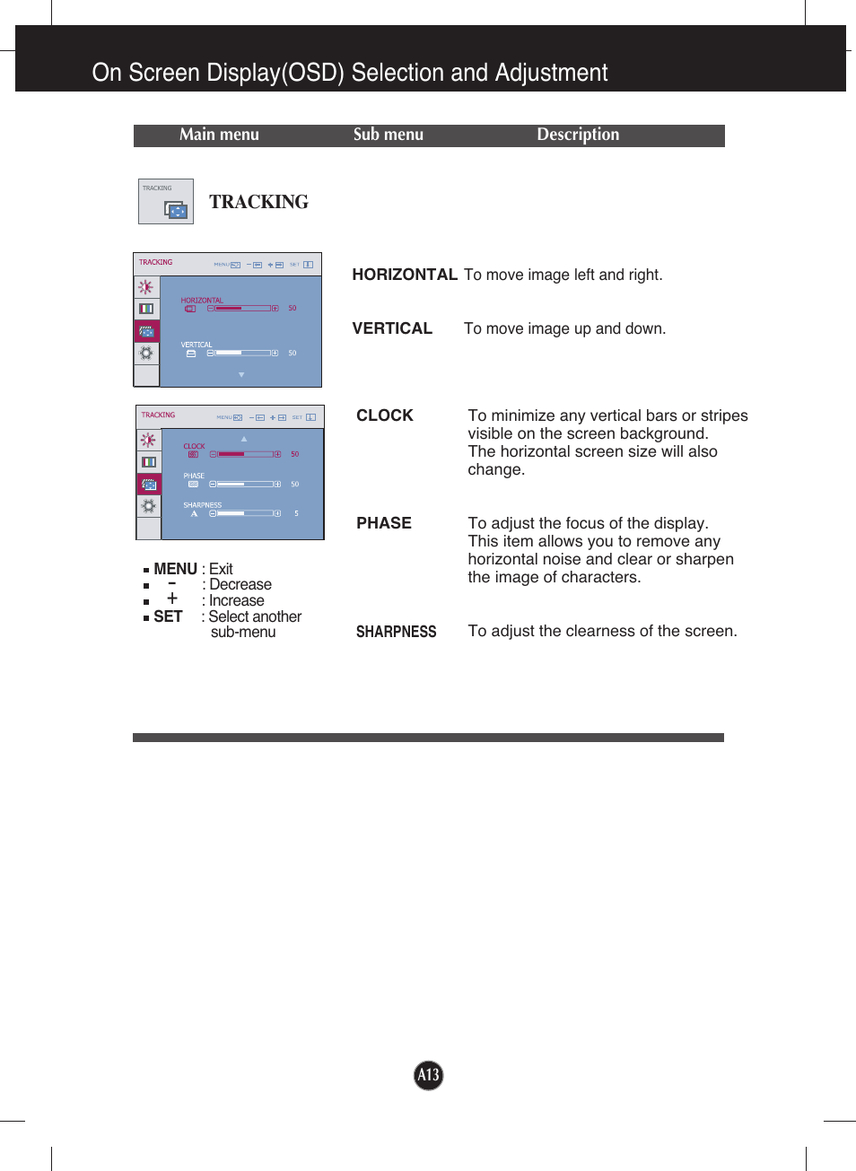 Tracking, On screen display(osd) selection and adjustment | LG W1642S User Manual | Page 14 / 23