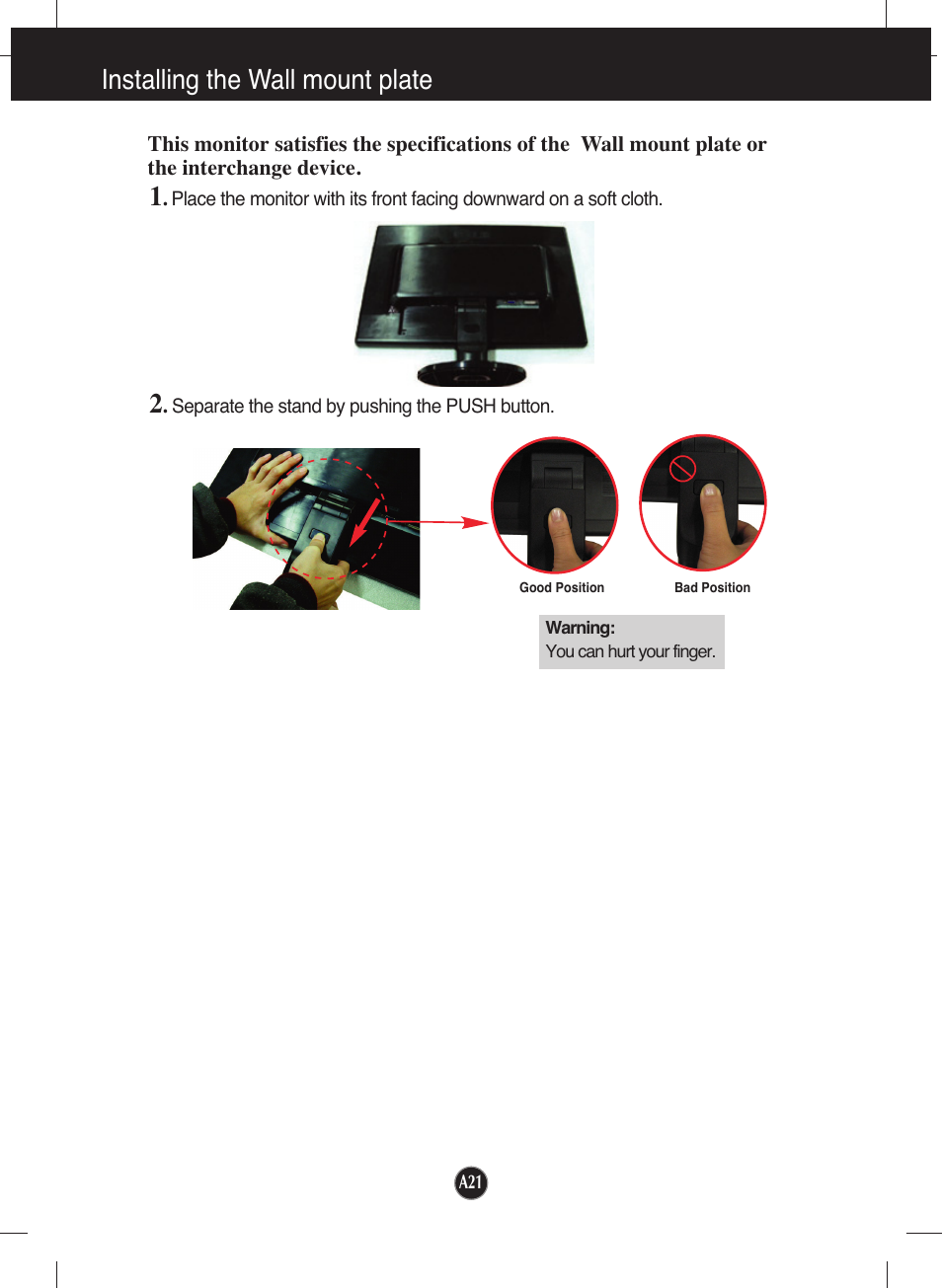 Installing the wall mount plate | LG W1642S User Manual | Page 22 / 23