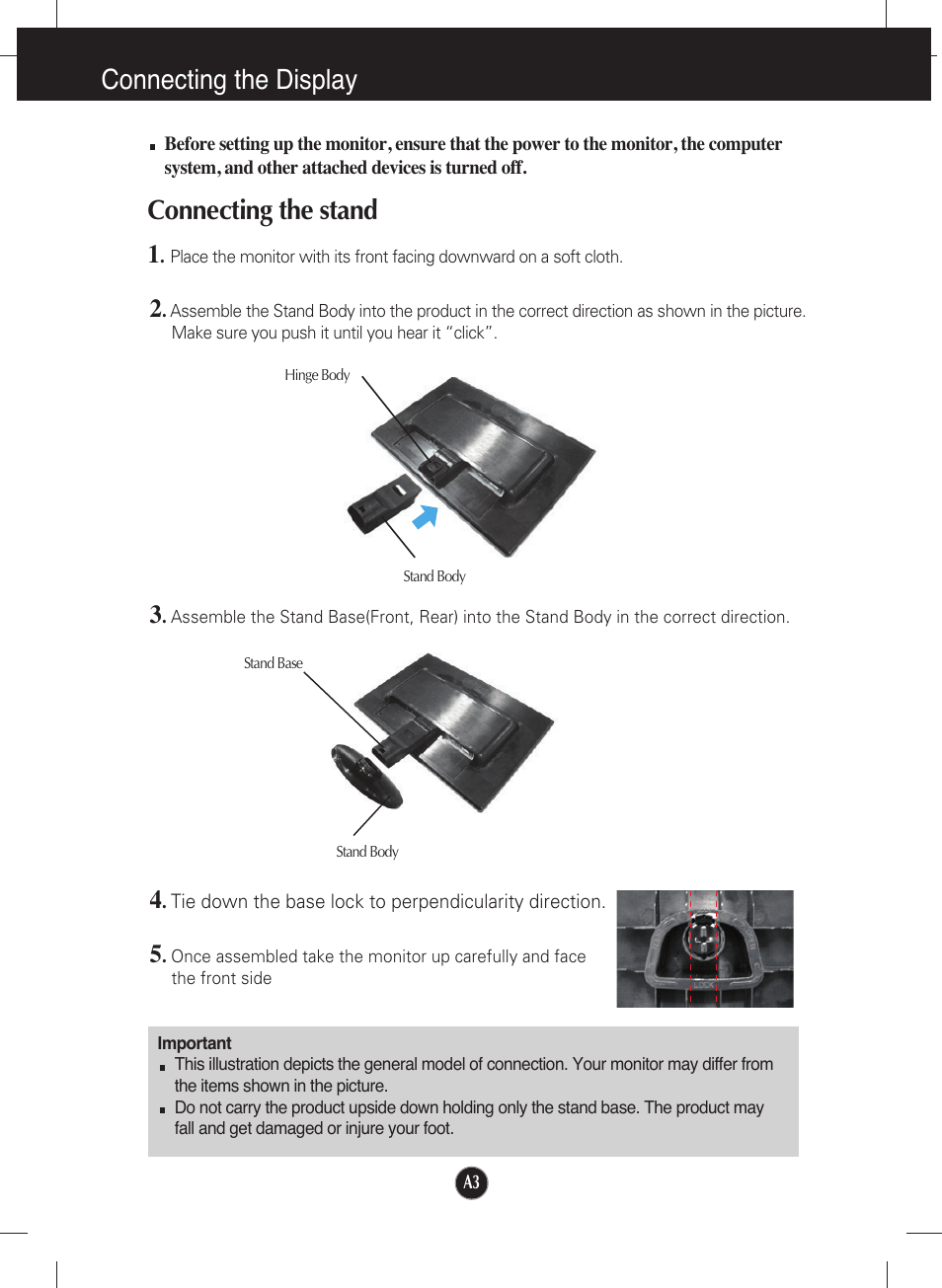 Connecting the display, Connecting the stand | LG W1642S User Manual | Page 4 / 23