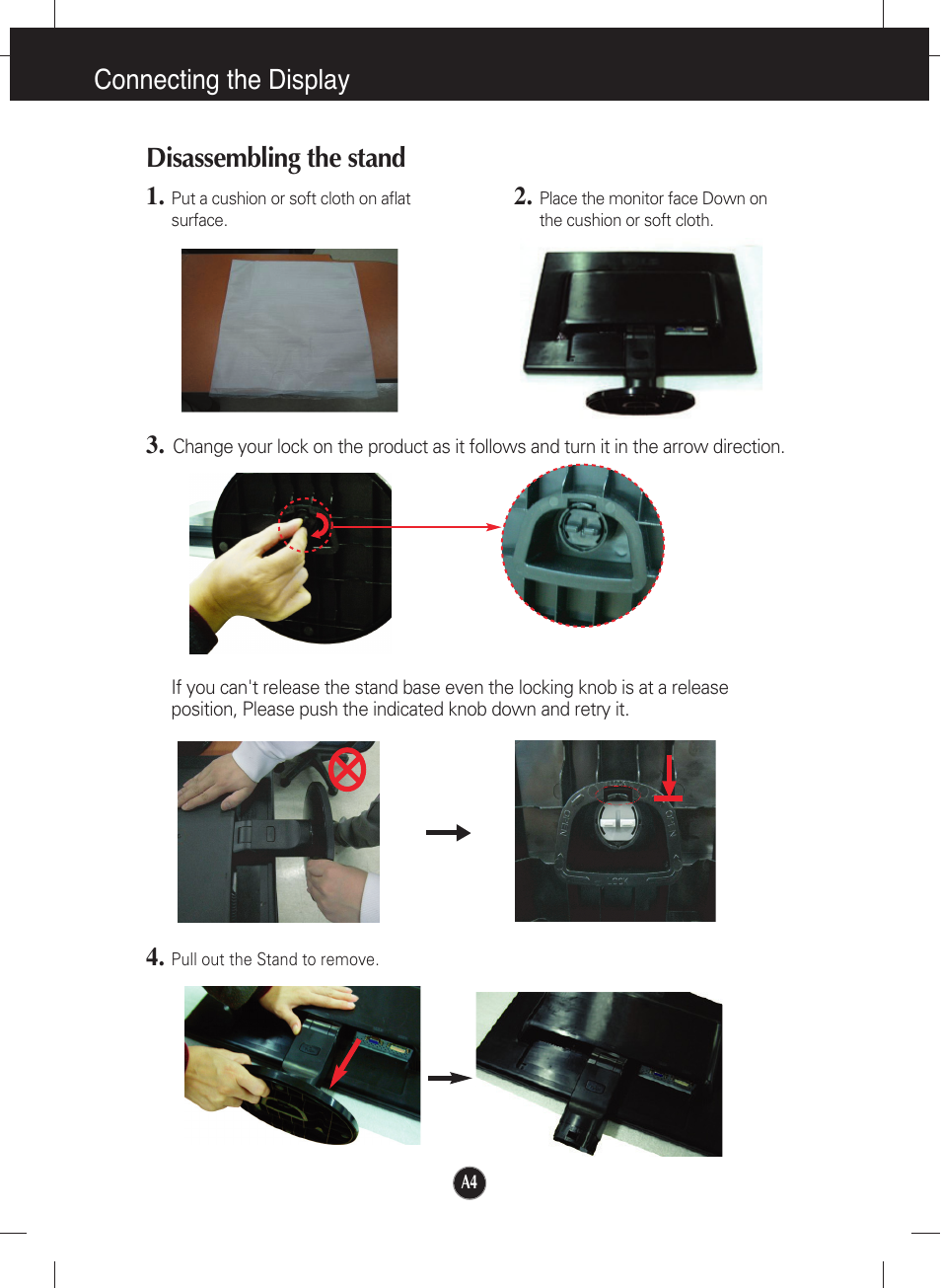Disassembling the stand, Connecting the display disassembling the stand | LG W1642S User Manual | Page 5 / 23