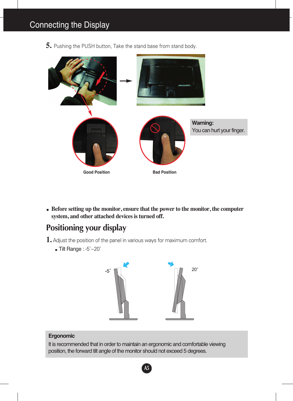 Positioning your display, Connecting the display | LG W1642S User Manual | Page 6 / 23