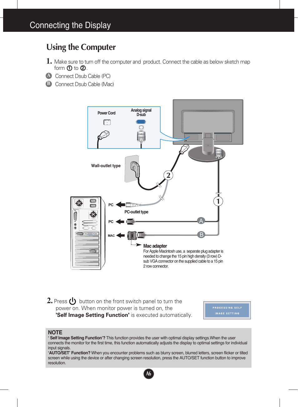 Using the computer, Connecting the display | LG W1642S User Manual | Page 7 / 23