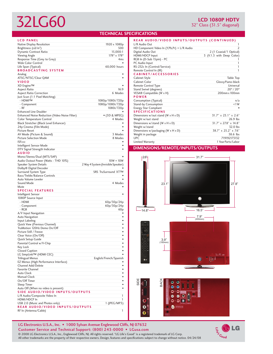 32lg60, Lcd 1080p hdtv | LG 3260 User Manual | Page 2 / 2