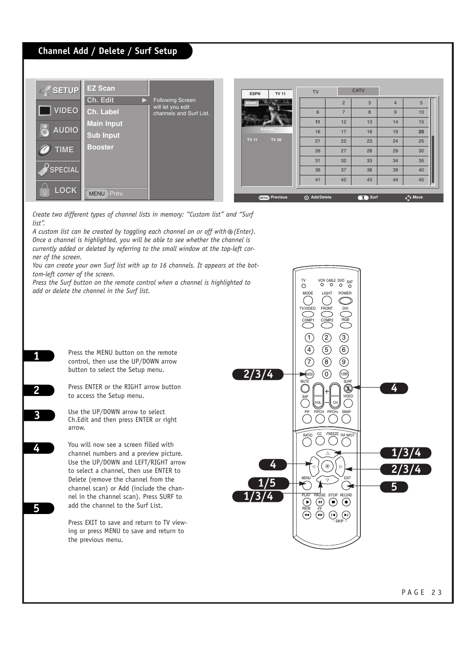 Channel add / delete / surf setup, Setup, Setup video video audio audio lock lock | Time, Special | LG RU-44SZ63D User Manual | Page 23 / 60