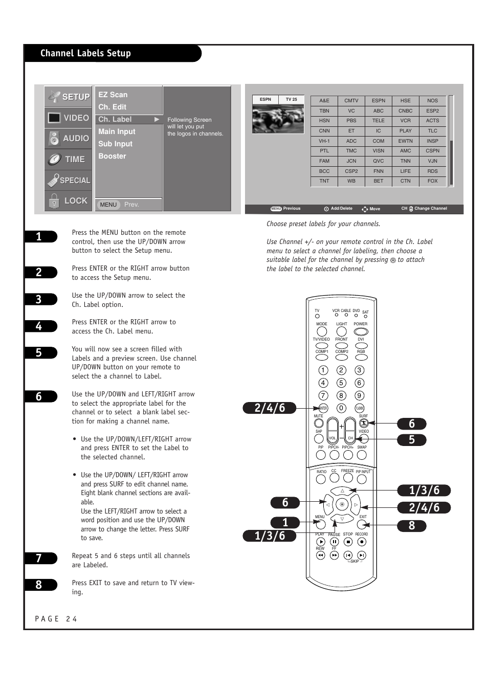 Channel labels setup, Setup, Setup video video audio audio time time lock lock | LG RU-44SZ63D User Manual | Page 24 / 60