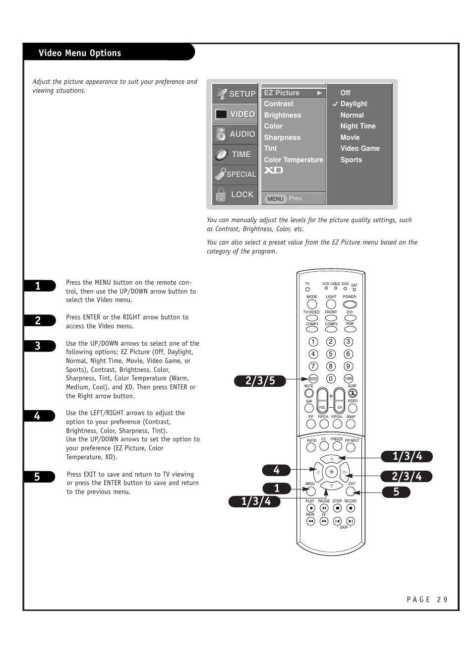 Video menu options | LG RU-44SZ63D User Manual | Page 29 / 60