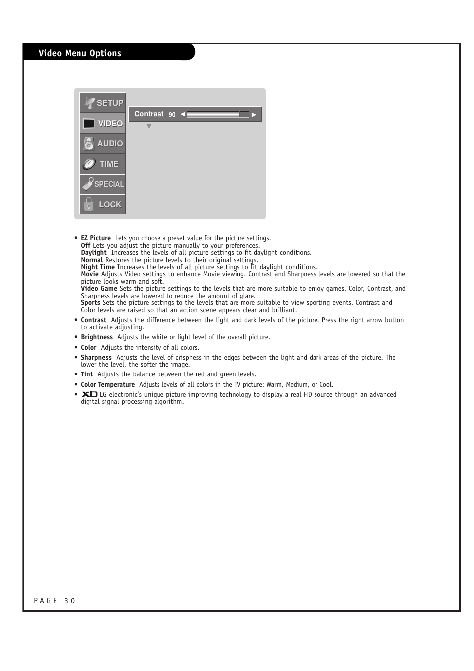 Video menu options | LG RU-44SZ63D User Manual | Page 30 / 60