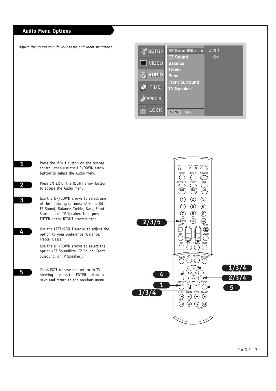 Audio menu options | LG RU-44SZ63D User Manual | Page 31 / 60