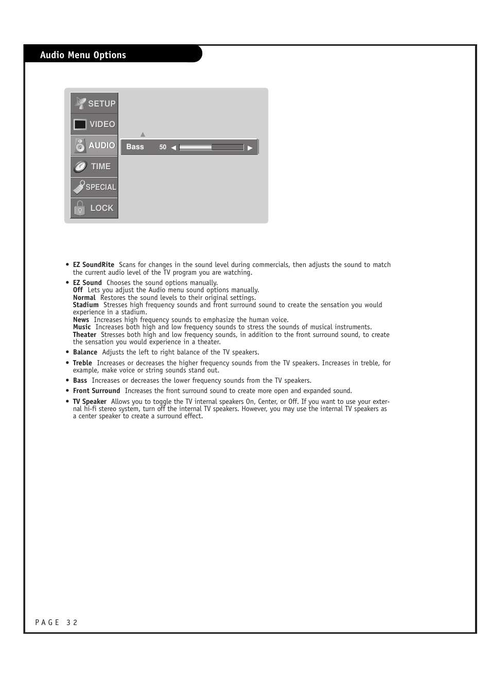 Audio menu options | LG RU-44SZ63D User Manual | Page 32 / 60