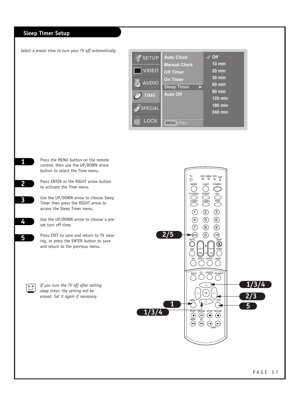 Sleep timer setup | LG RU-44SZ63D User Manual | Page 37 / 60