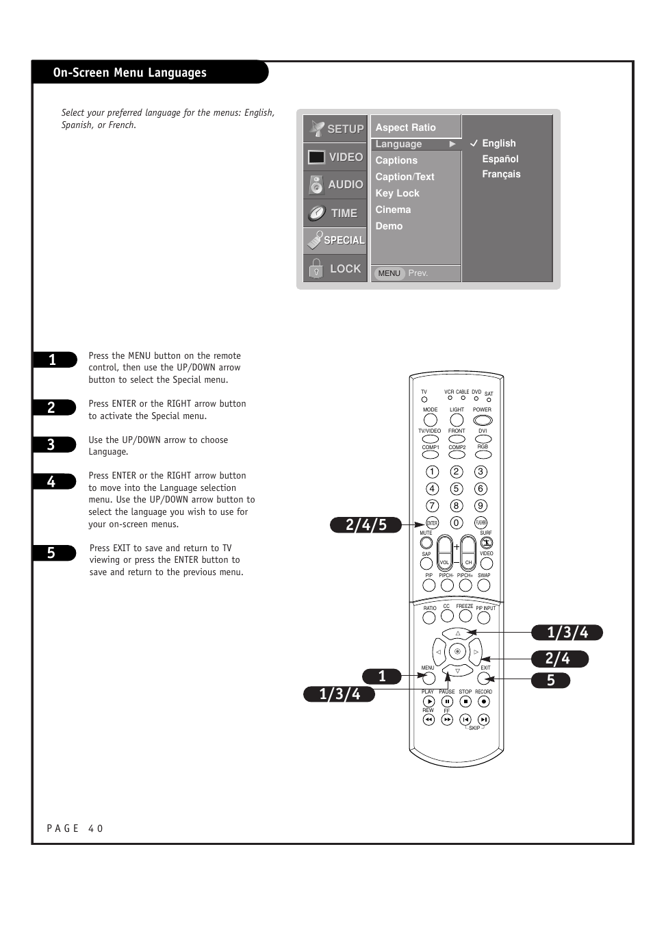 On-screen menu languages | LG RU-44SZ63D User Manual | Page 40 / 60