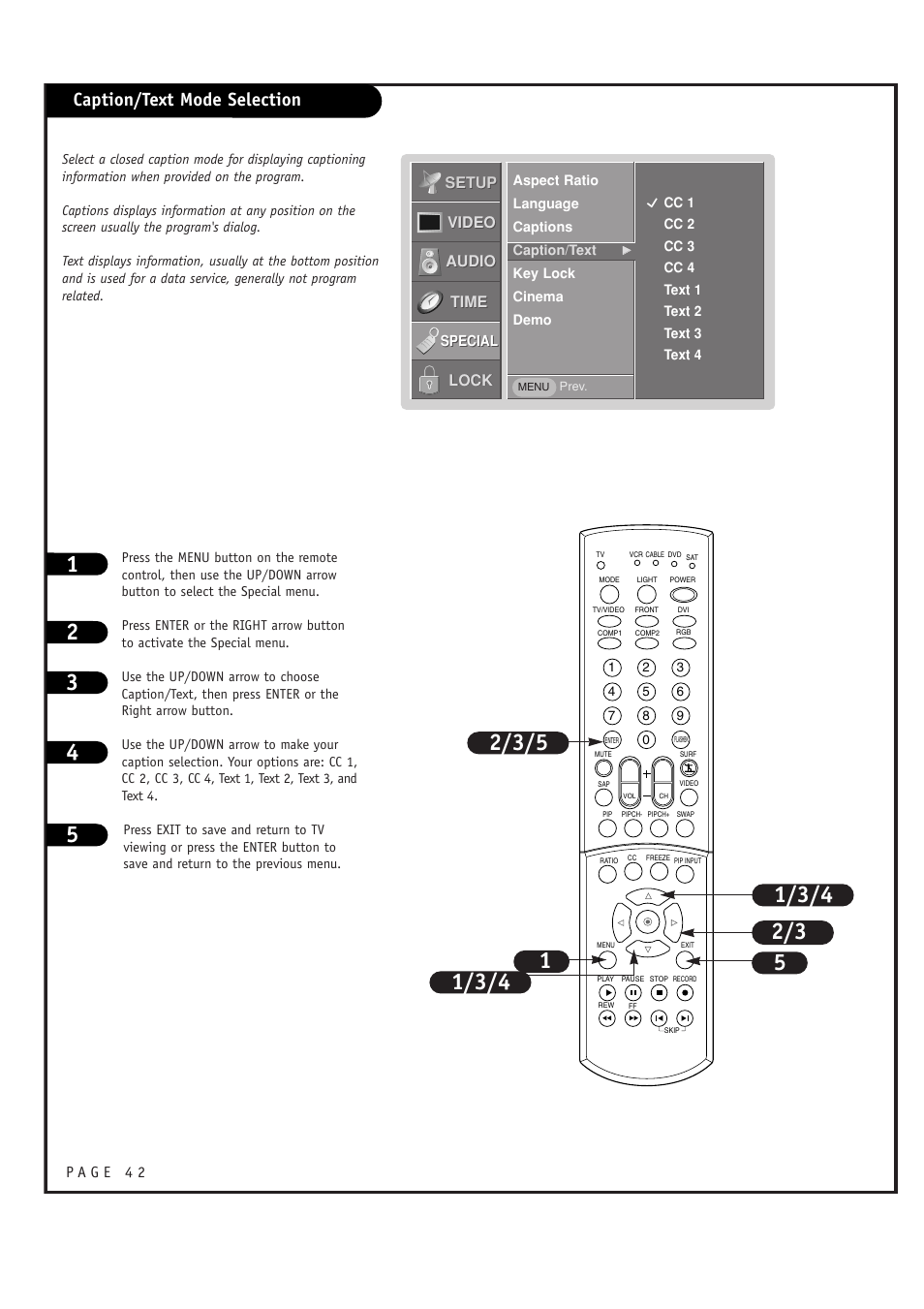 Caption/text mode selection | LG RU-44SZ63D User Manual | Page 42 / 60