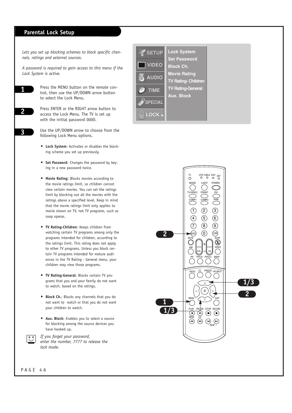 Parental lock setup, Setup, Setup video video audio audio time time lock lock | LG RU-44SZ63D User Manual | Page 46 / 60