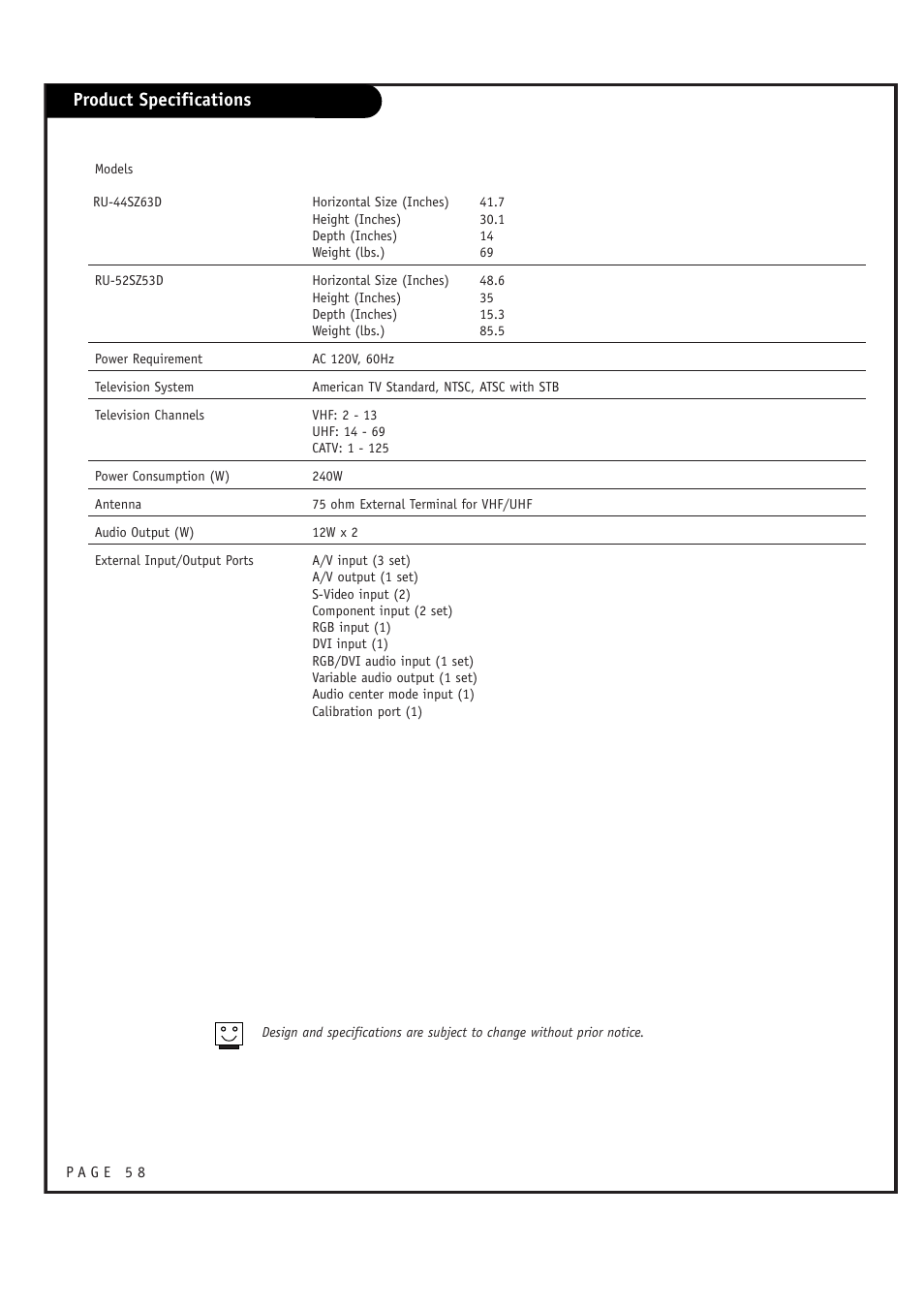 Product specifications | LG RU-44SZ63D User Manual | Page 58 / 60