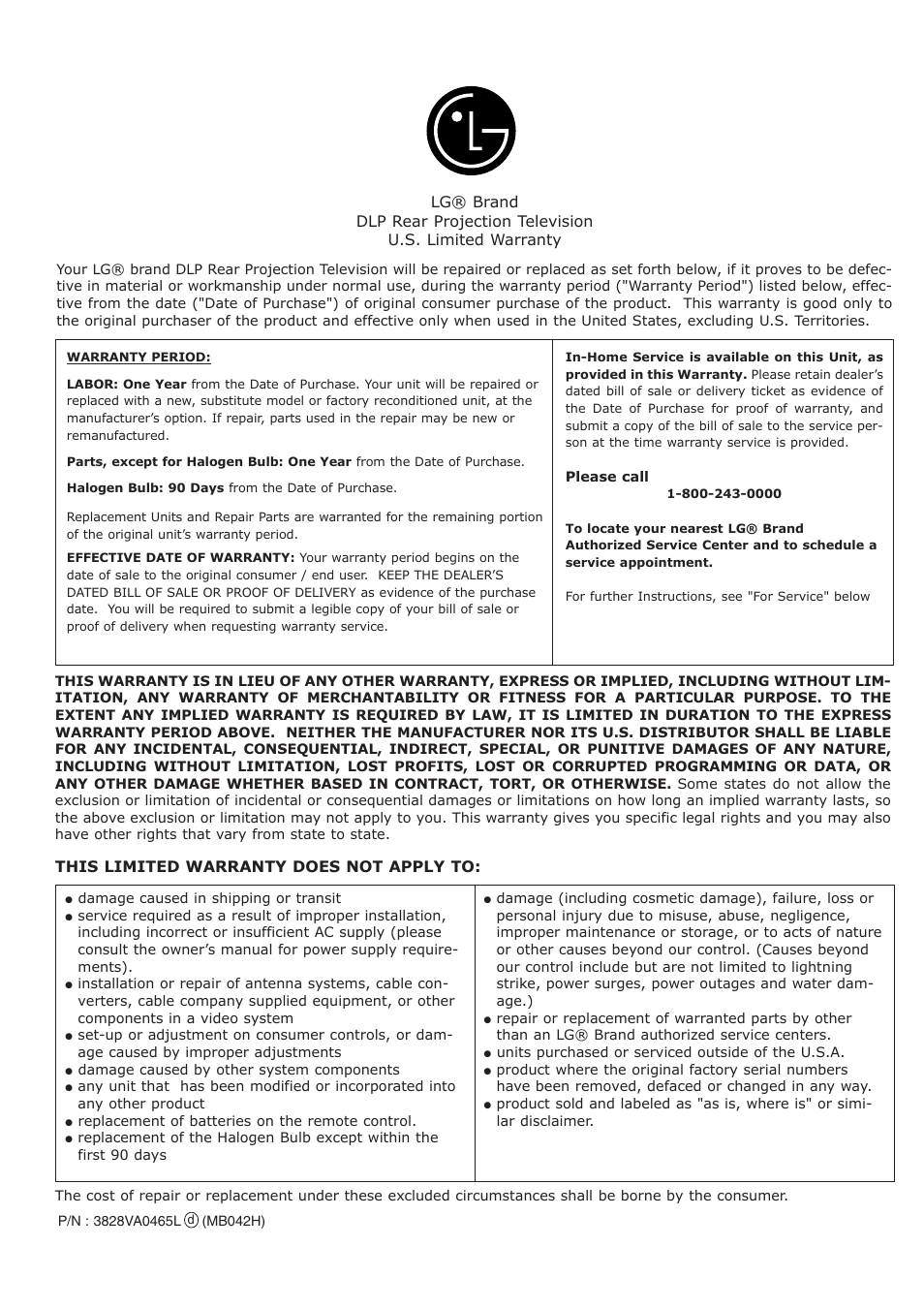 This limited warranty does not apply to | LG RU-44SZ63D User Manual | Page 60 / 60