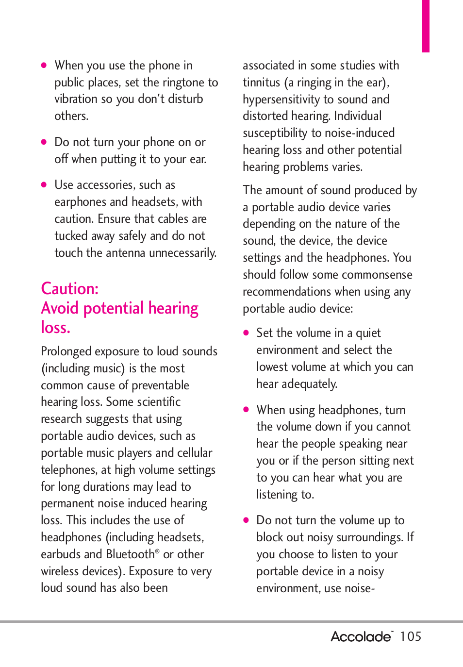 Caution: avoid potential hearing loss | LG Accolade User Manual | Page 107 / 133