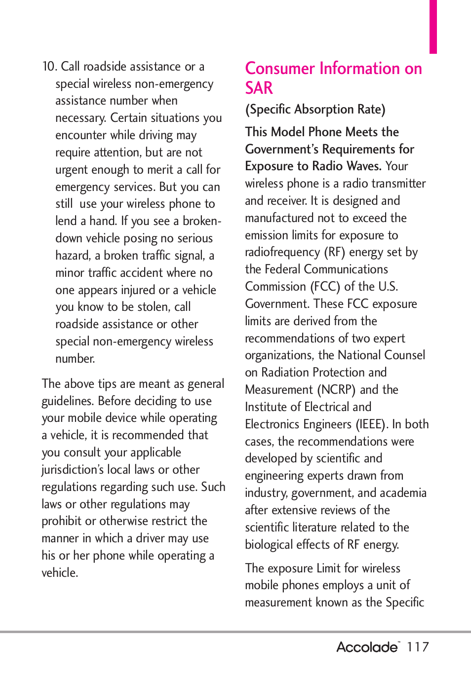 Consumer information on sar | LG Accolade User Manual | Page 119 / 133