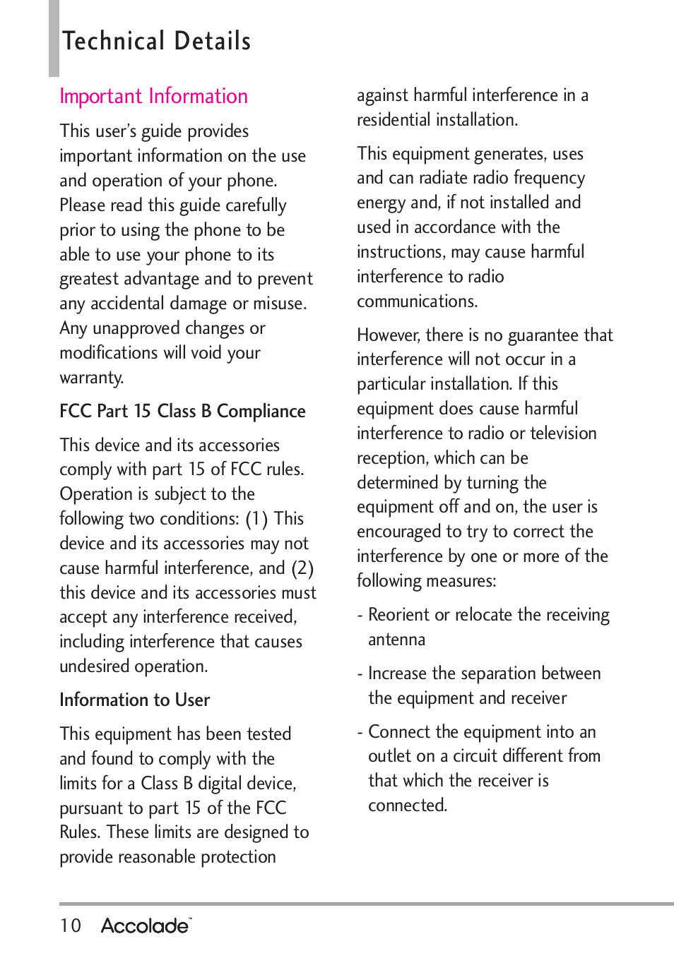 Technical details, Important information | LG Accolade User Manual | Page 12 / 133