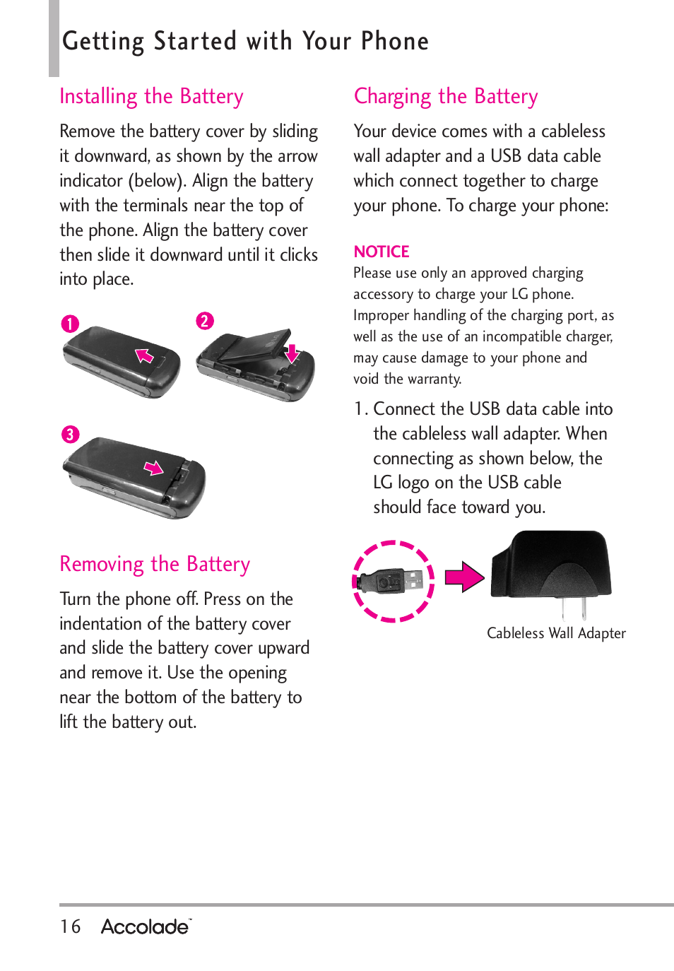 Getting started with your phone, Installing the battery, Removing the battery | Charging the battery | LG Accolade User Manual | Page 18 / 133