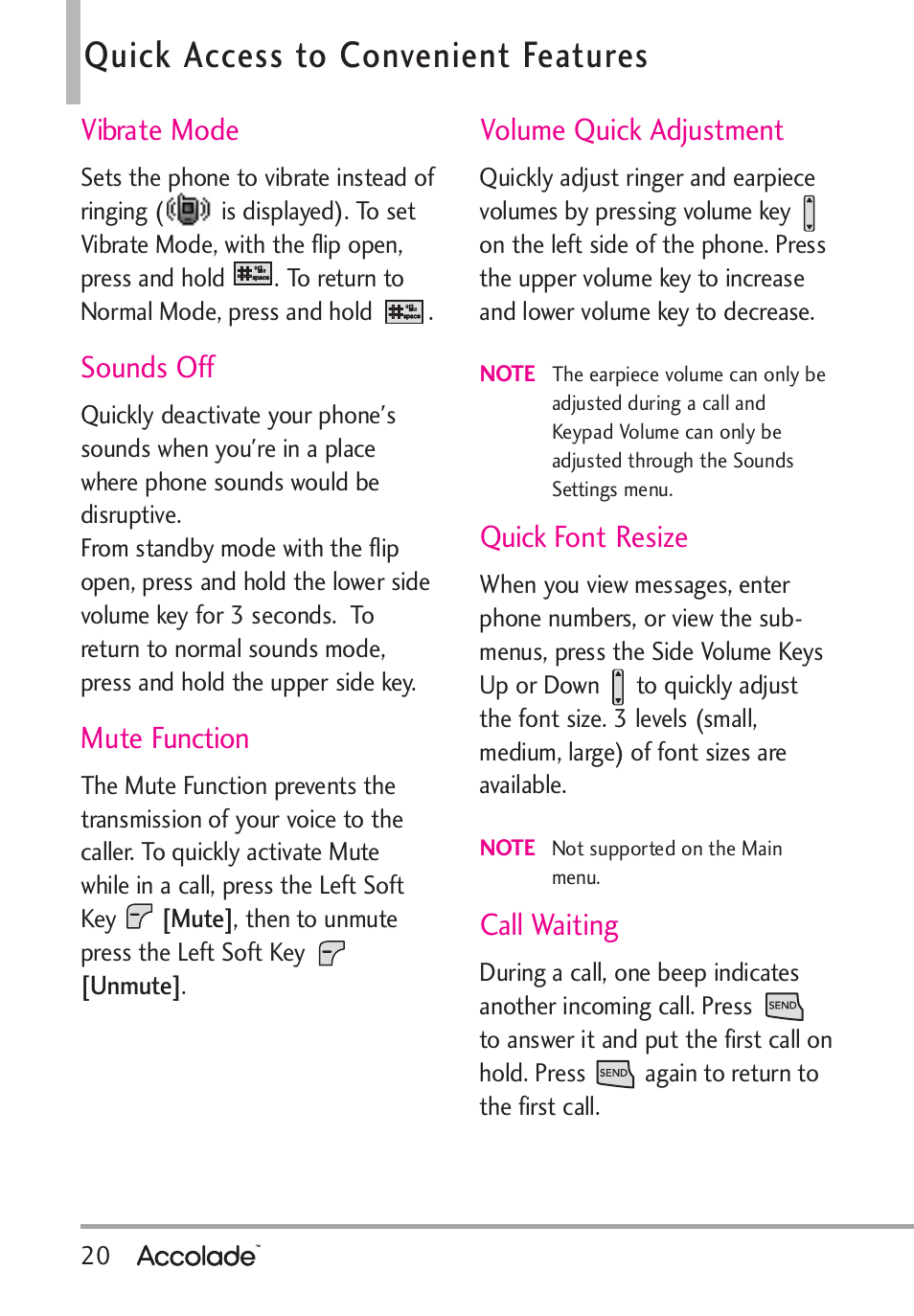 Quick access to convenient features, Vibrate mode, Sounds off | Mute function, Volume quick adjustment, Quick font resize, Call waiting | LG Accolade User Manual | Page 22 / 133