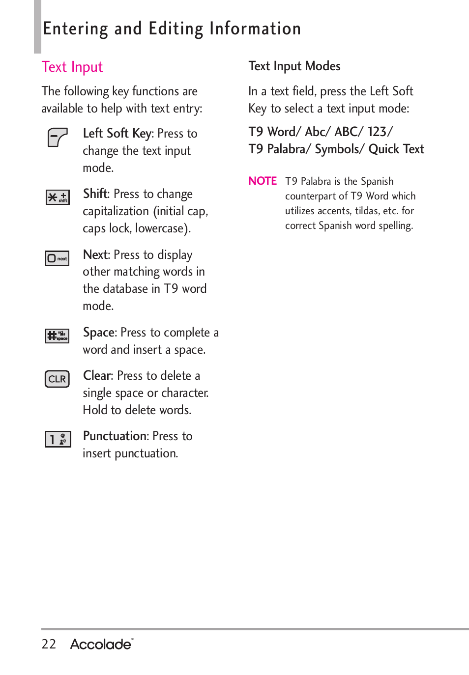 Entering and editing information, Text input | LG Accolade User Manual | Page 24 / 133