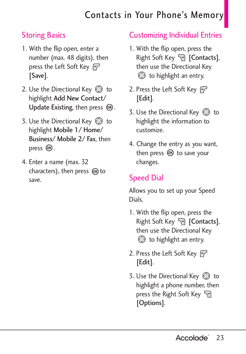 Storing basics, Customizing individual entries, Speed dial | LG Accolade User Manual | Page 25 / 133