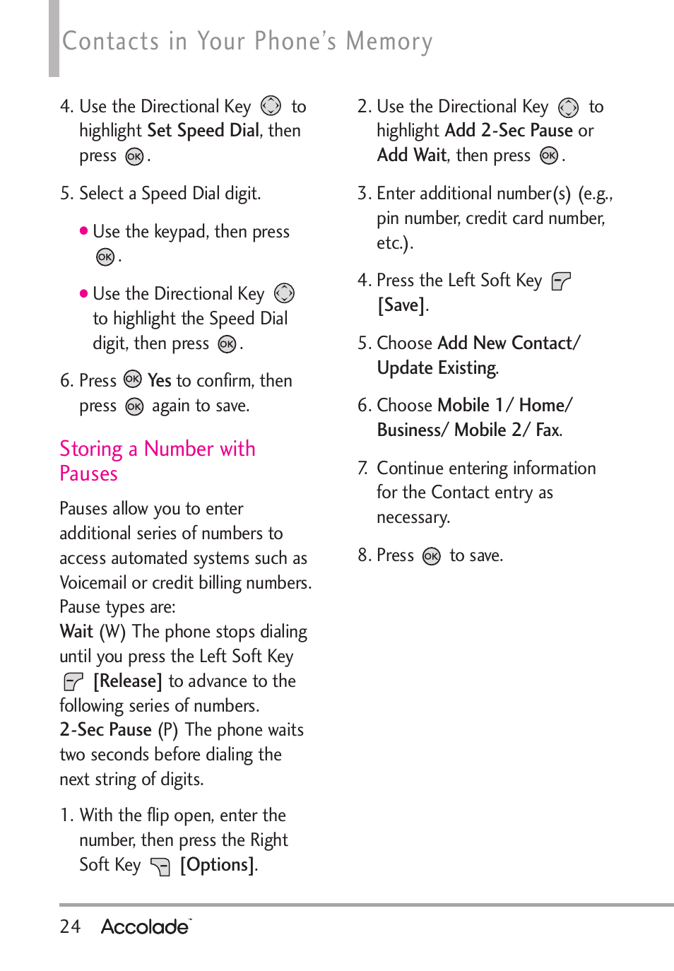 Storing a number with pauses | LG Accolade User Manual | Page 26 / 133