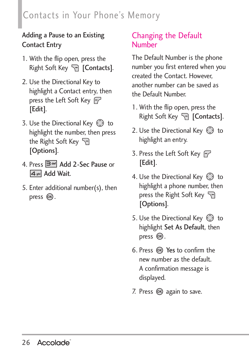 Changing the default number | LG Accolade User Manual | Page 28 / 133