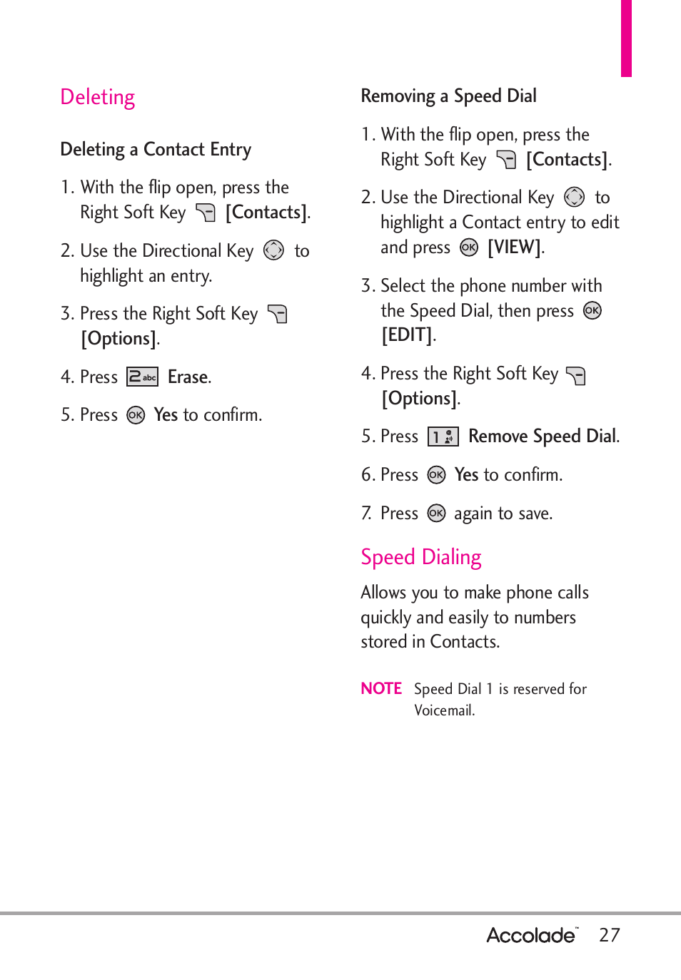 Deleting, Speed dialing | LG Accolade User Manual | Page 29 / 133