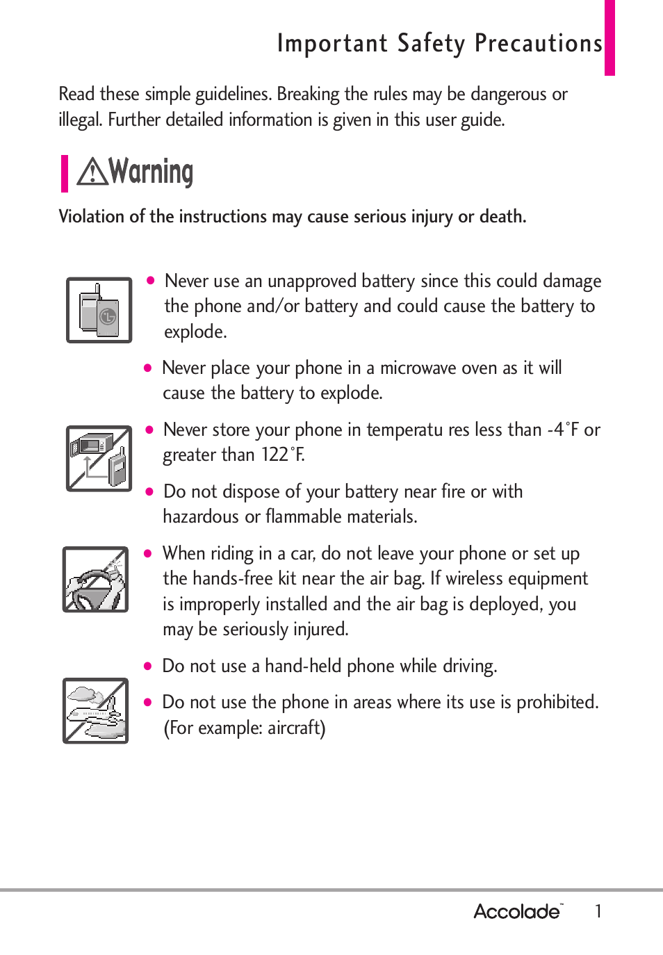 Important safety precautions, Do not use a hand-held phone while driving | LG Accolade User Manual | Page 3 / 133