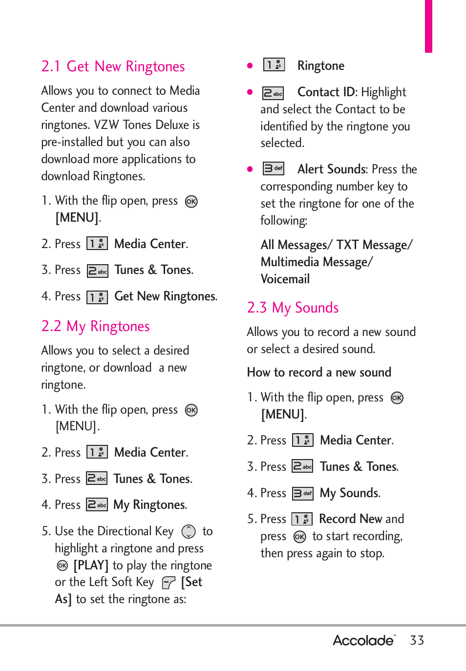 1 get new ringtones, 2 my ringtones, 3 my sounds | LG Accolade User Manual | Page 35 / 133