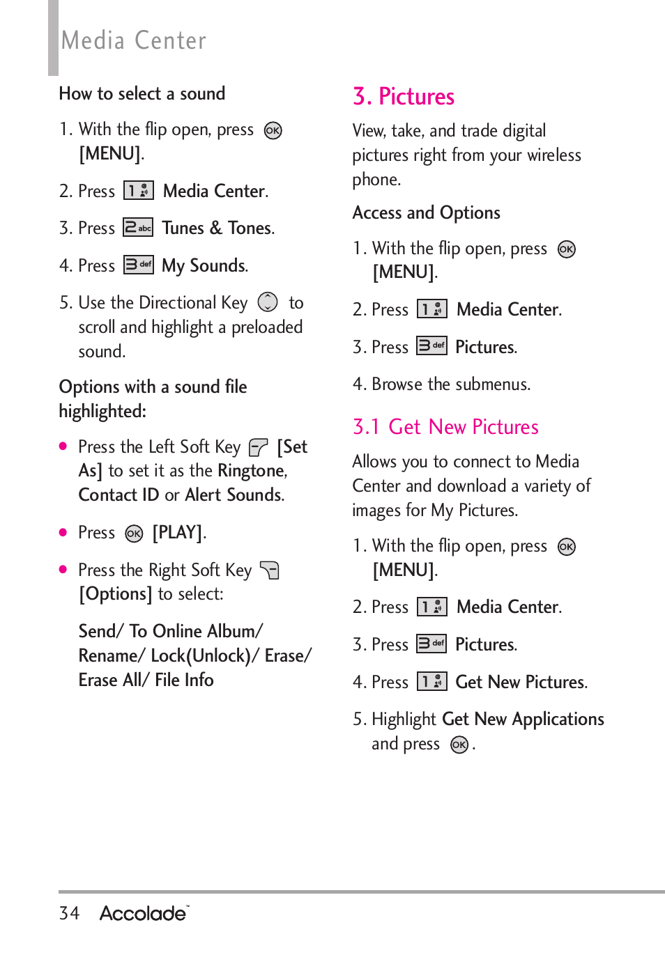 Media center, Pictures, 1 get new pictures | LG Accolade User Manual | Page 36 / 133