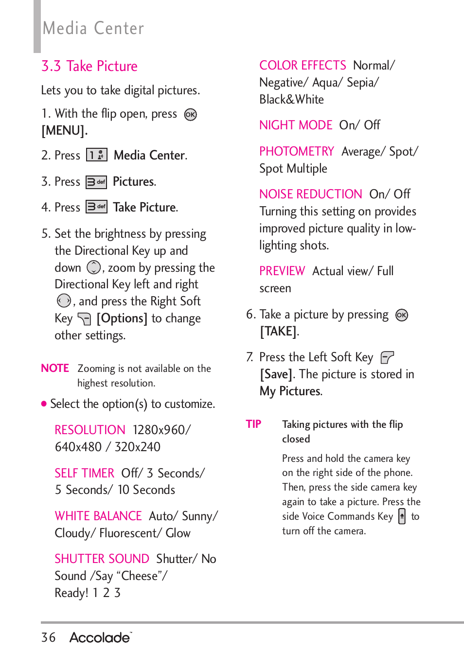 Media center, 3 take picture | LG Accolade User Manual | Page 38 / 133