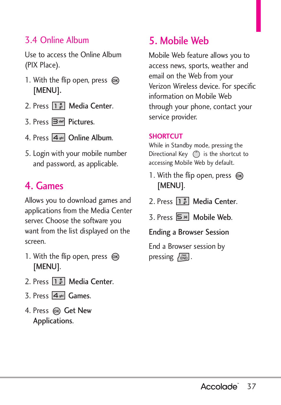 Games, Mobile web, 4 online album | LG Accolade User Manual | Page 39 / 133