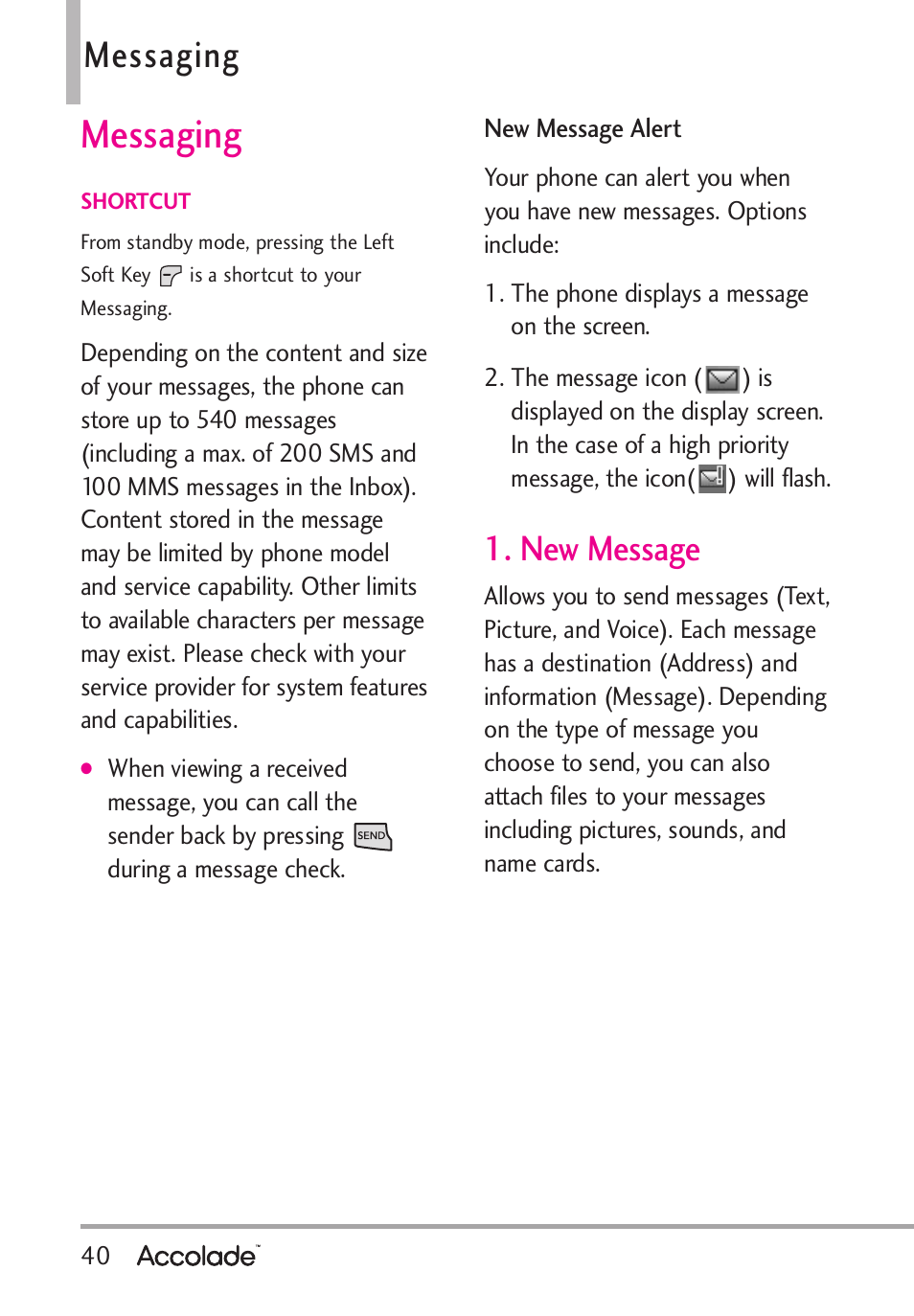 Messaging, New message | LG Accolade User Manual | Page 42 / 133