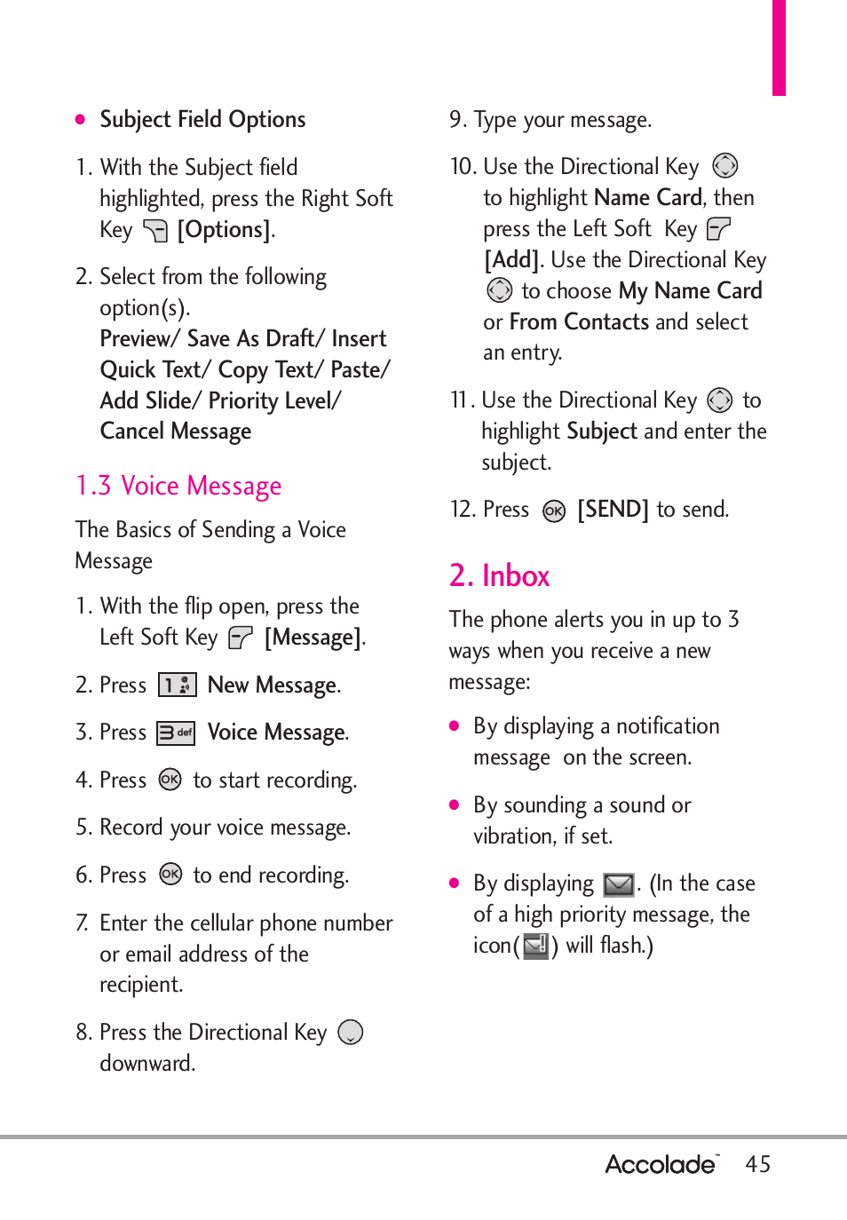 Inbox, 3 voice message | LG Accolade User Manual | Page 47 / 133