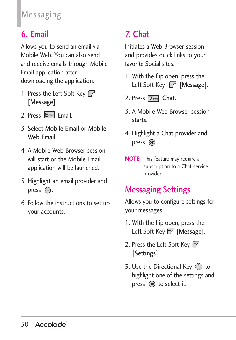 Messaging, Email, Chat | Messaging settings | LG Accolade User Manual | Page 52 / 133