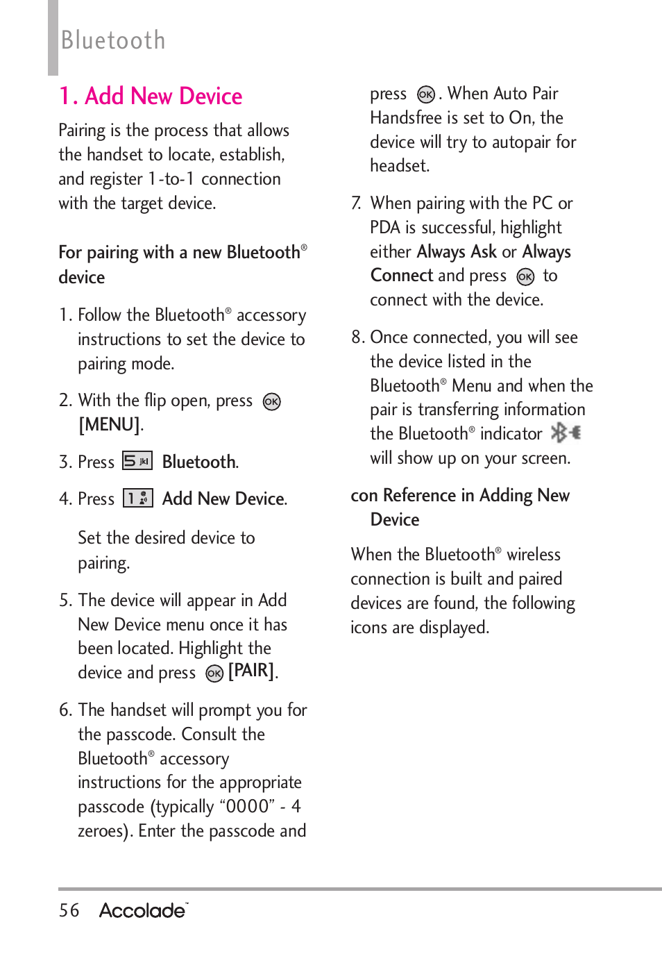 Bluetooth, Add new device | LG Accolade User Manual | Page 58 / 133