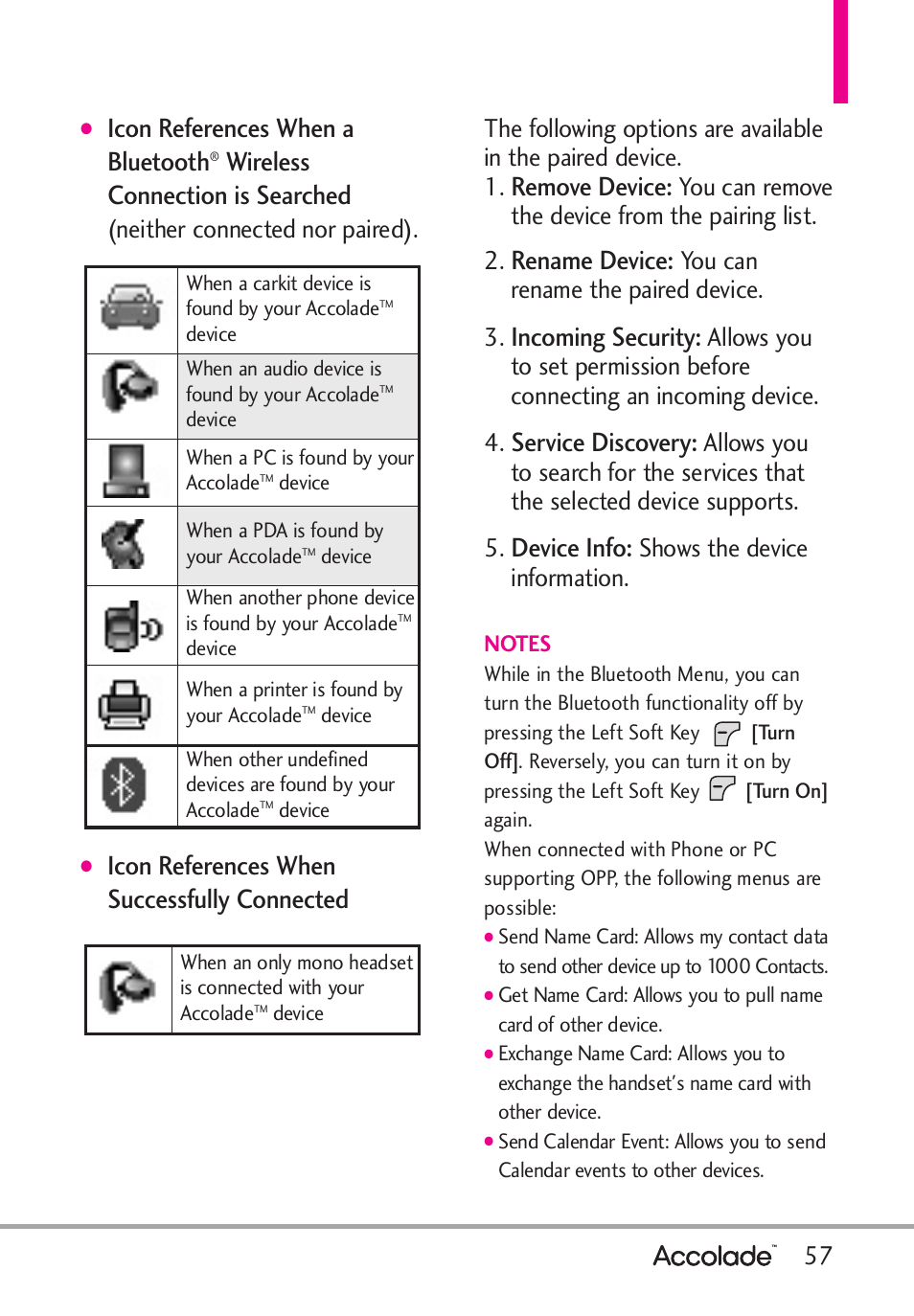 Icon references when a bluetooth, Wireless connection is searched, Icon references when successfully connected | Remove device, Rename device, Incoming security, Service discovery, Device info, Neither connected nor paired), You can remove the device from the pairing list. 2 | LG Accolade User Manual | Page 59 / 133