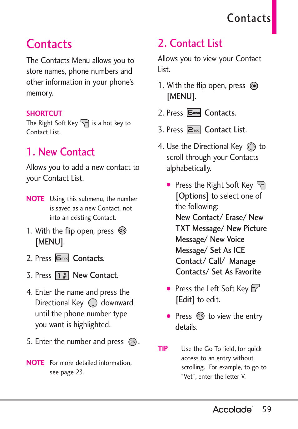 Contacts, New contact, Contact list | LG Accolade User Manual | Page 61 / 133