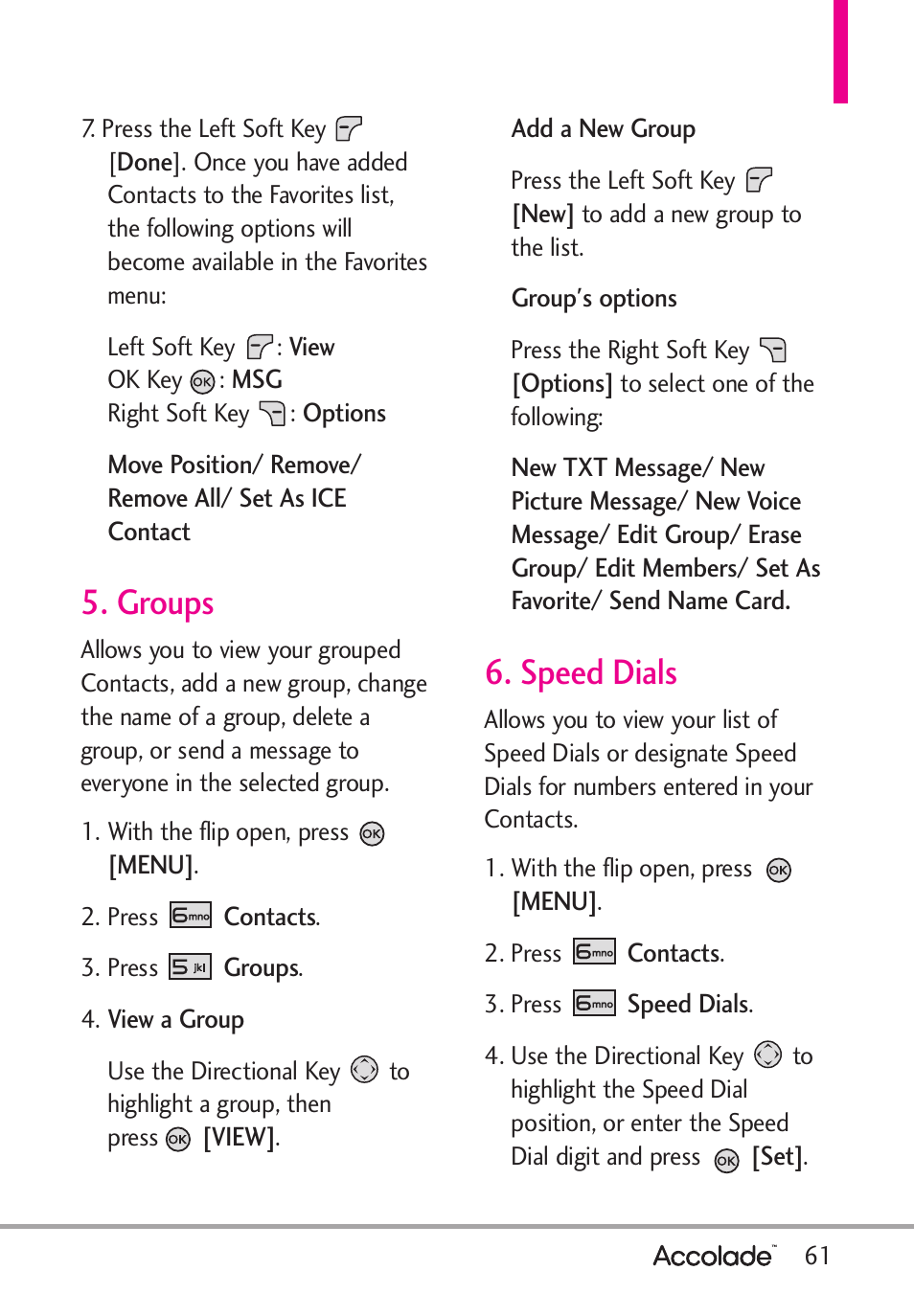 Groups, Speed dials | LG Accolade User Manual | Page 63 / 133